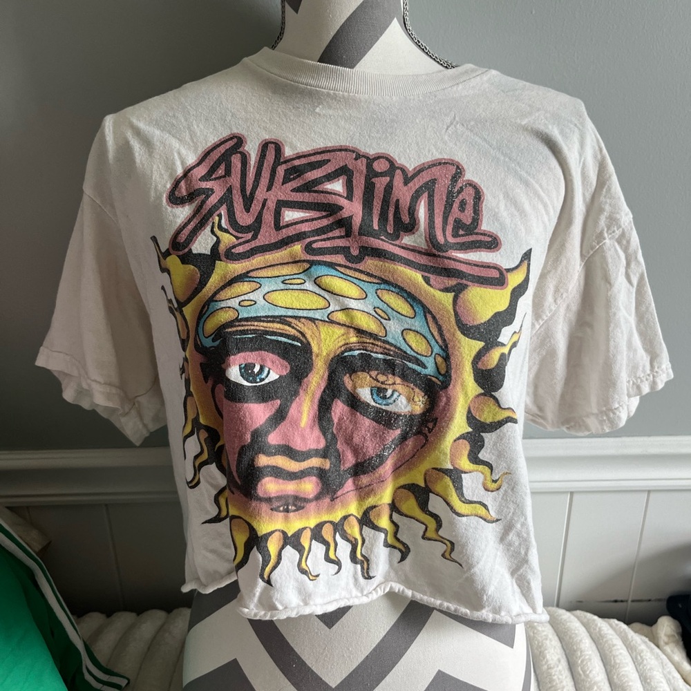 Forever 21 White and Yellow Crop Top with Sublime band design.